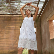 Cut-out embroidered lace trim cotton-linen A-line midi tank dress