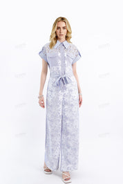 Blue Lavender Striped Lace Jumpsuit with Belt