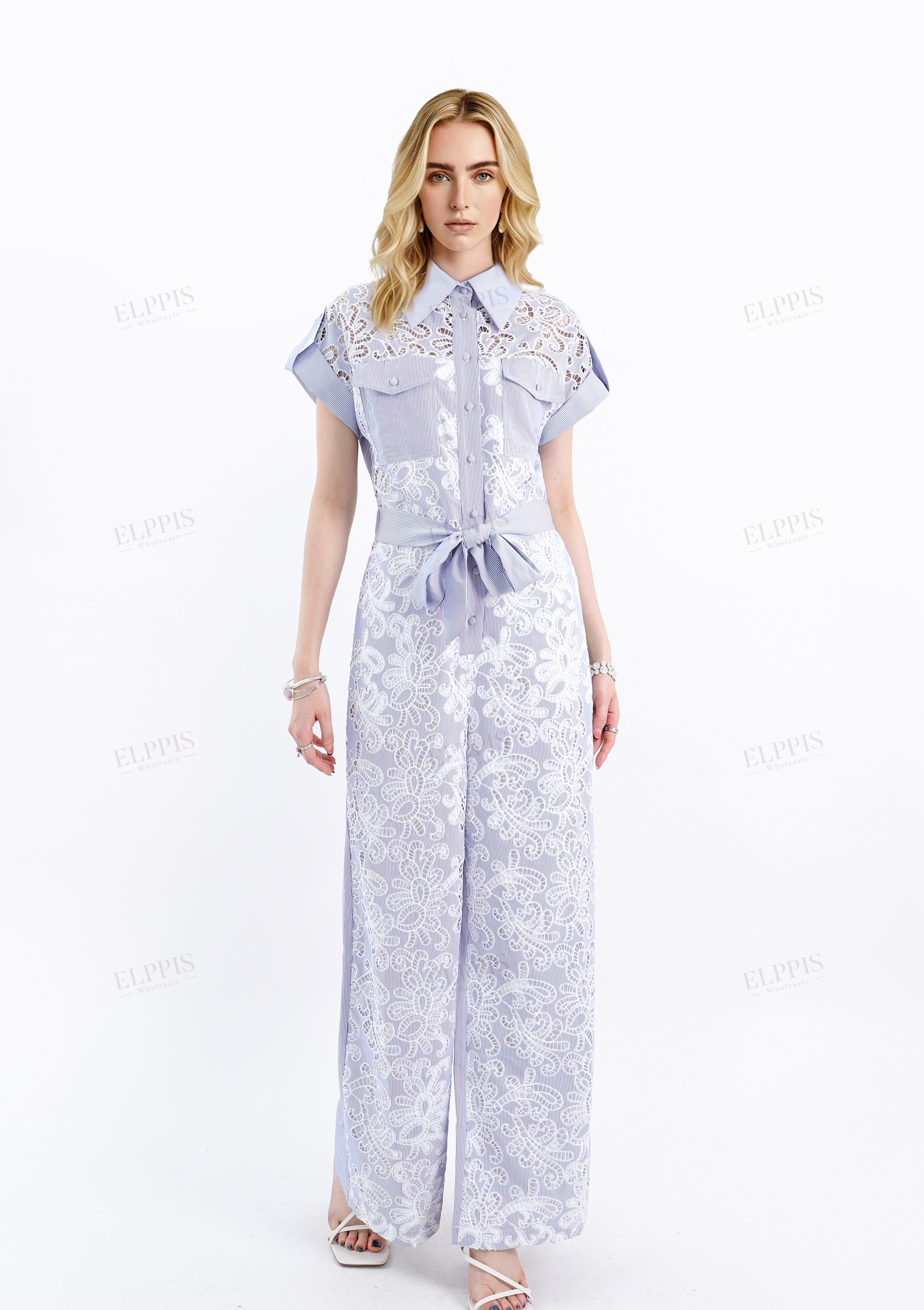Blue Lavender Striped Lace Jumpsuit with Belt