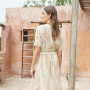 Textured print with woven band short sleeve dress