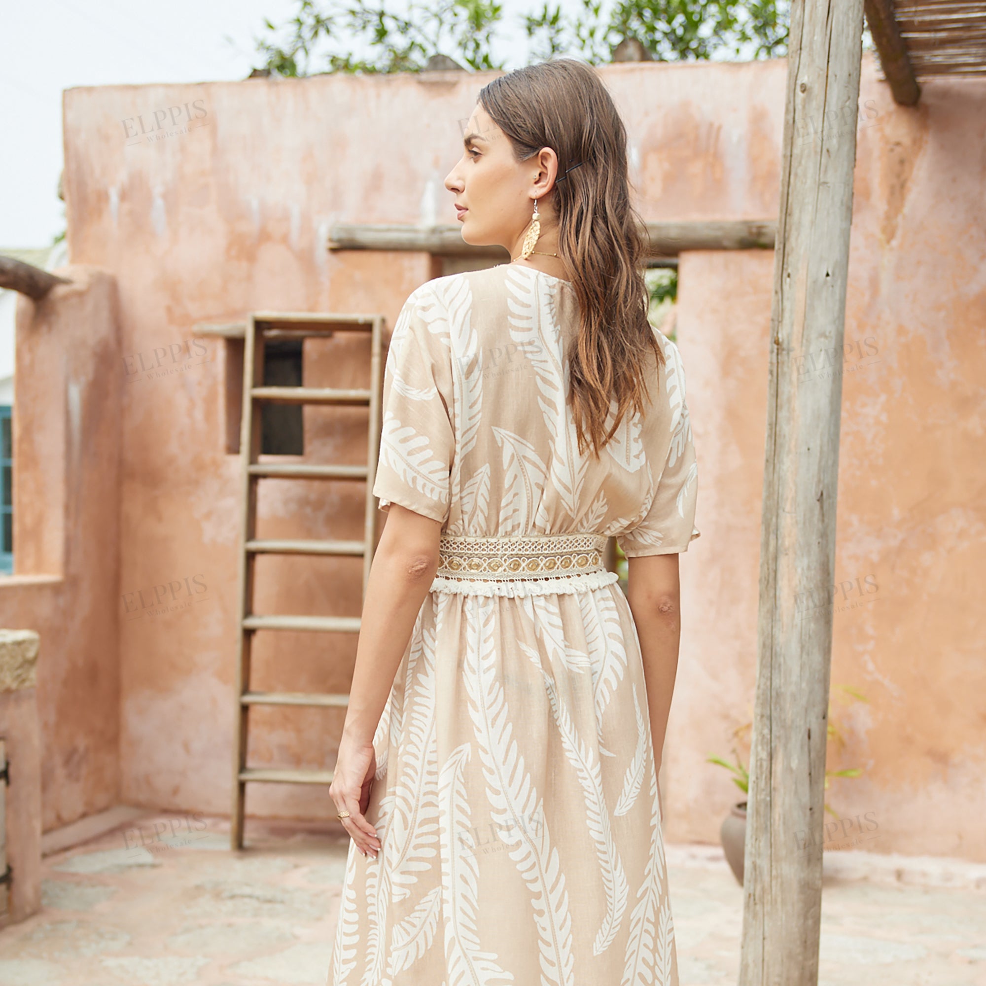 Textured print with woven band short sleeve dress