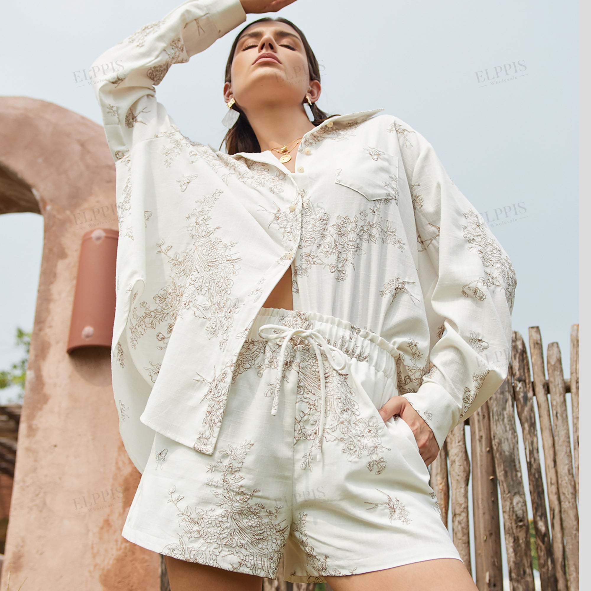 Embroidered cotton-linen O-line long sleeve maxi shirt