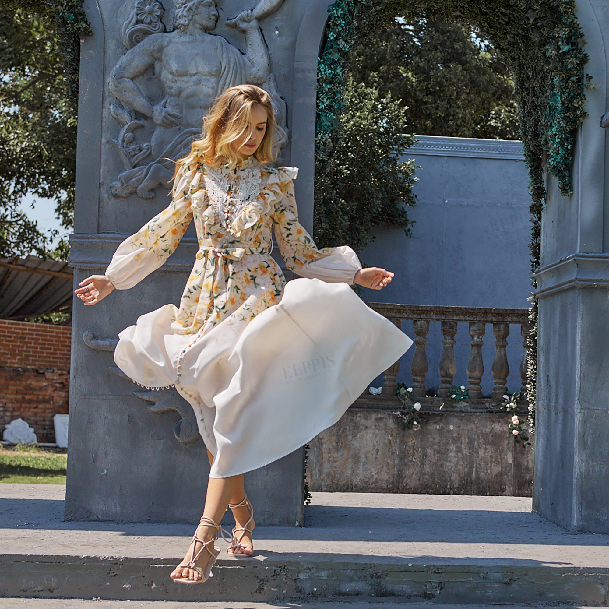 Placement printed patchwork hollow lace ruffle collar long sleeve maxi dress