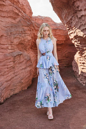 Light Lavender Watercolor Floral Sleeveless Twist-Waist Ruffled Midi Dress