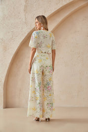 Cream Floral Print Eyelet Cropped Top with Flared Sleeves & Scalloped Hem