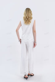 White Sleeveless Blouse with Floral Embroidery & Lace Hem