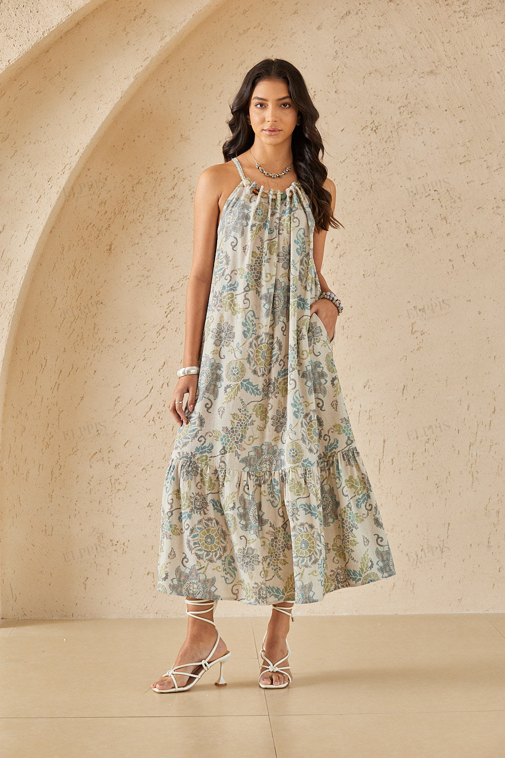 Neutral Paisley Floral Print Linen Halter Maxi Dress with Ruffled Hem