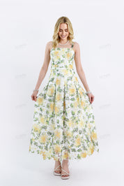 Yellow Floral Lace Midi Dress
