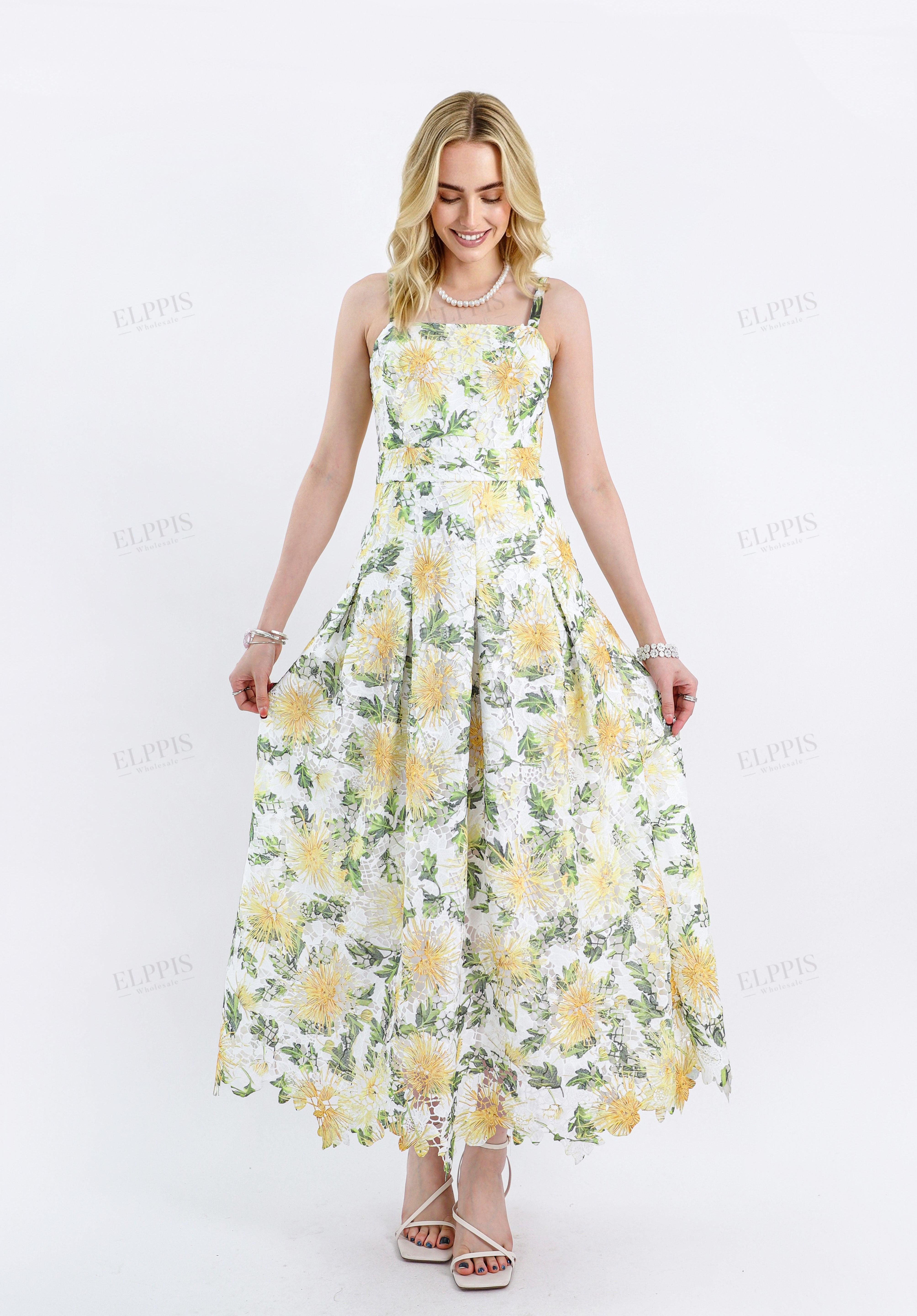 Yellow Floral Lace Midi Dress