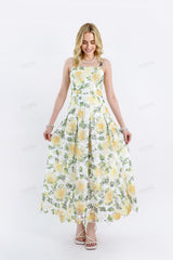 Yellow Floral Lace Midi Dress