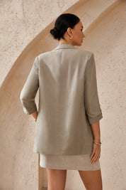 Beige Linen 3/4 Roll-Sleeve Blazer