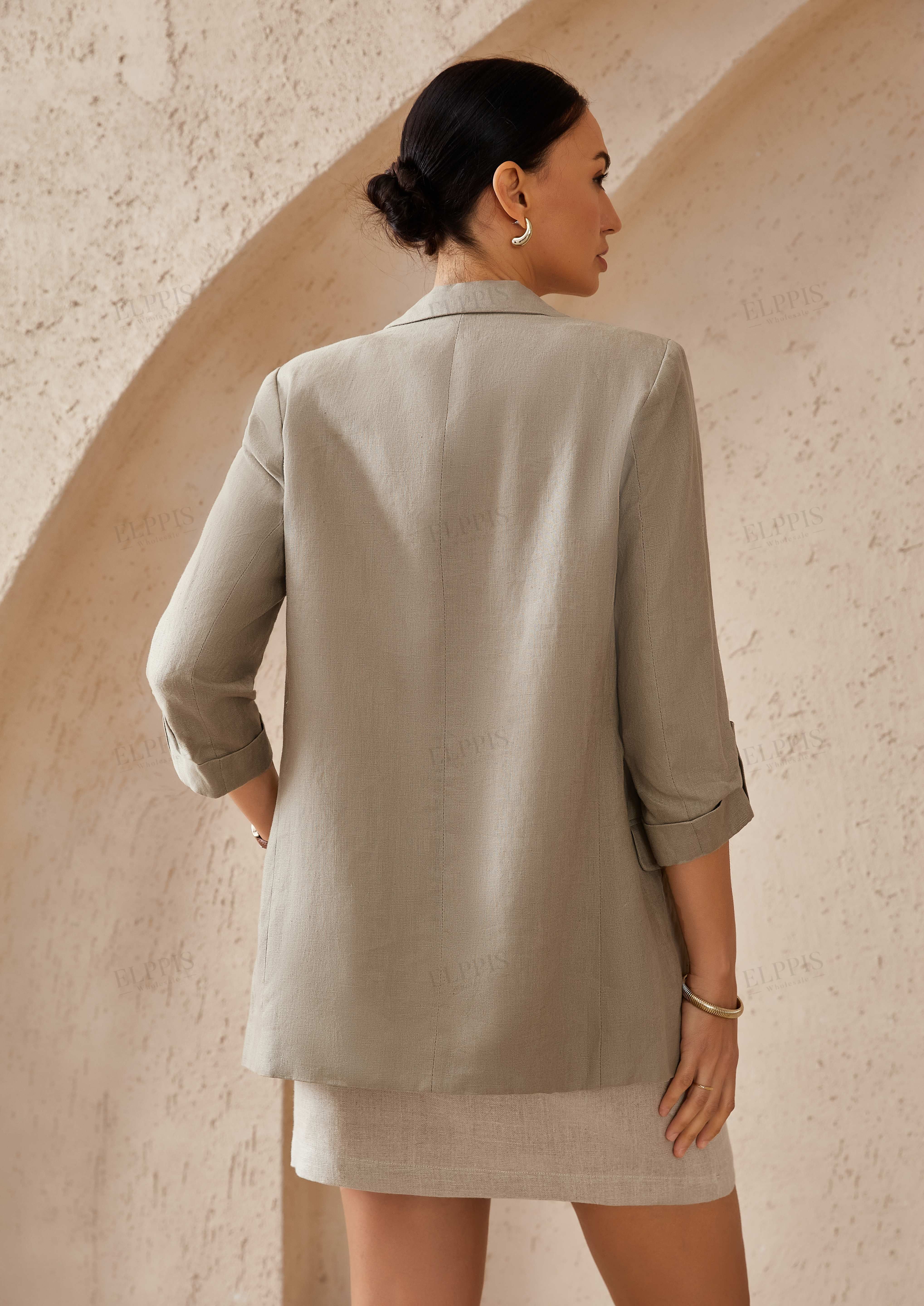 Beige Linen 3/4 Roll-Sleeve Blazer