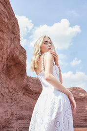 White Cotton Eyelet Midi Dress with Beaded Straps & Scalloped Hem
