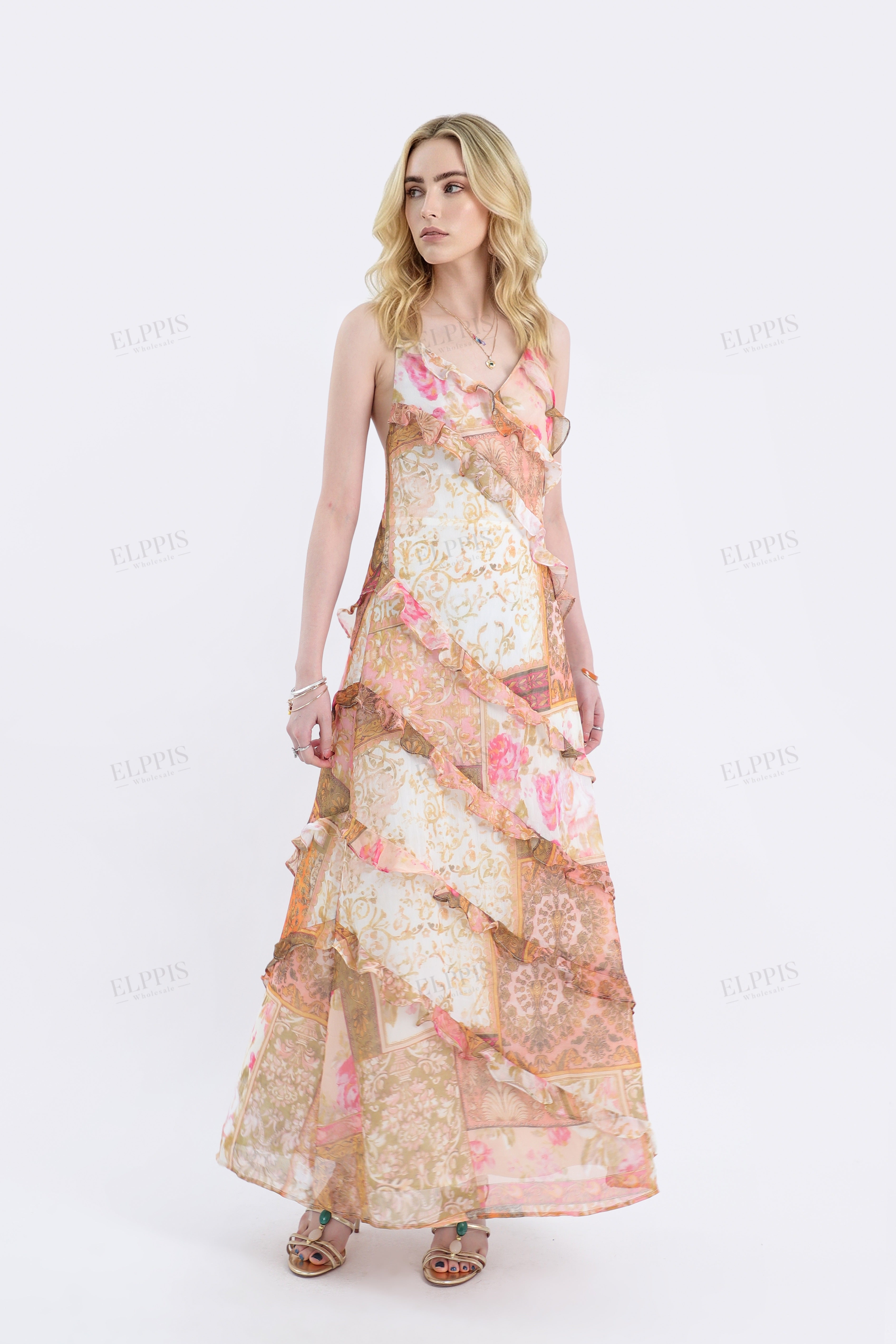 Floral Patchwork Ruffled Cami Maxi Dress