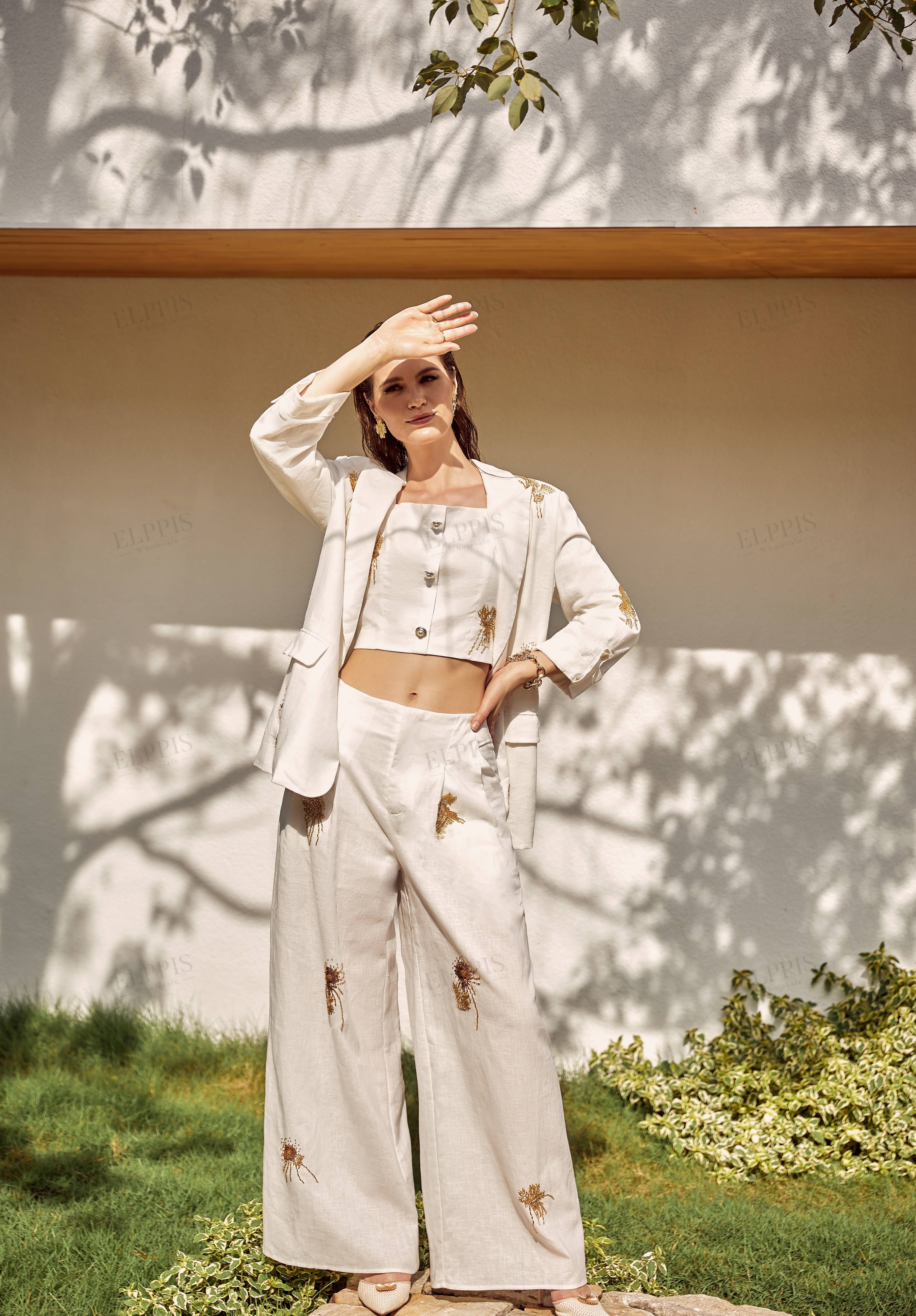 White Linen-Blend Wide-Leg Pants with Gold Crane Embroidery