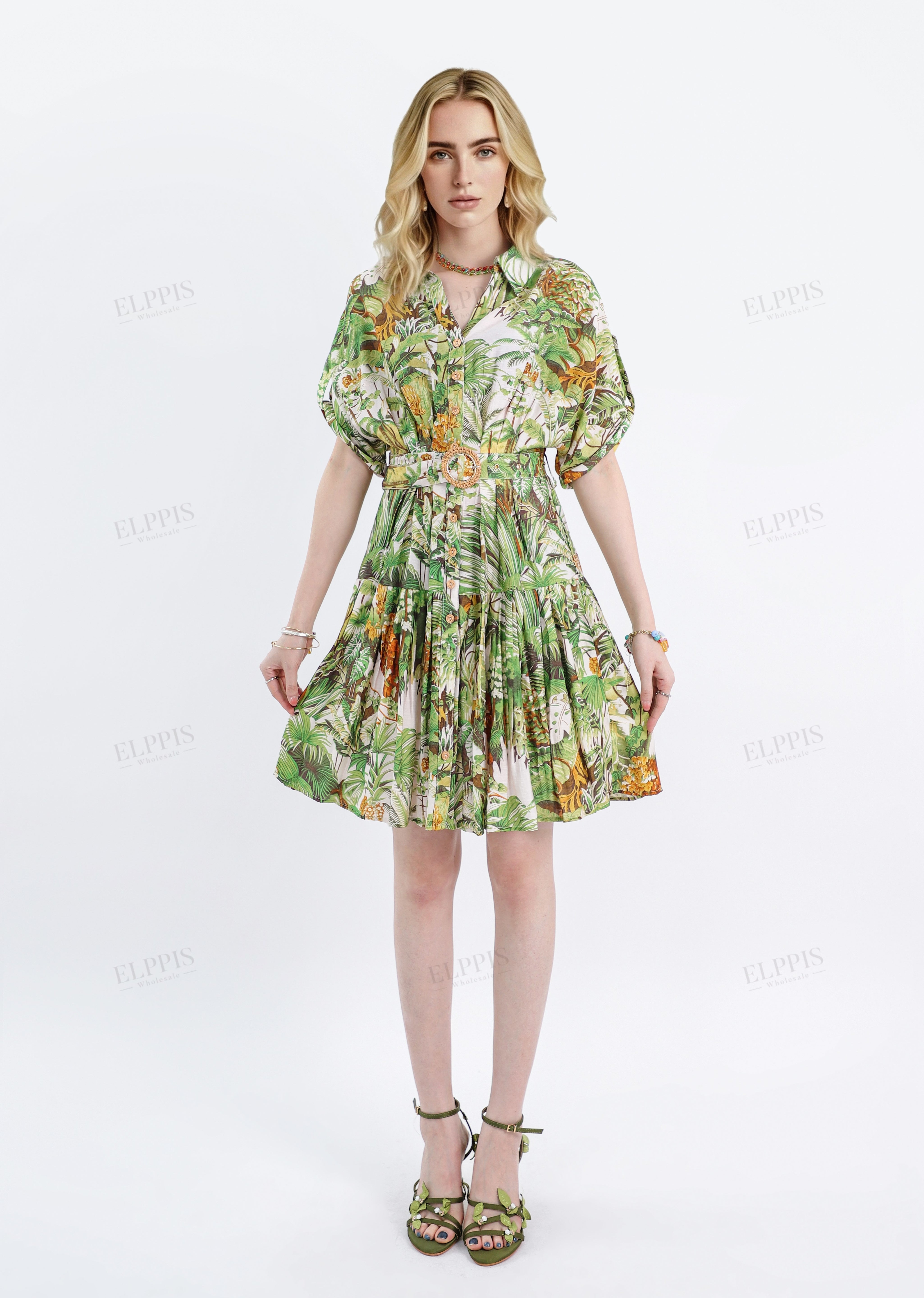 Tropical Print Rayon Shirt Dress
