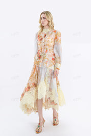 Floral Print Asymmetrical Midi Skirt with Lace Overlay