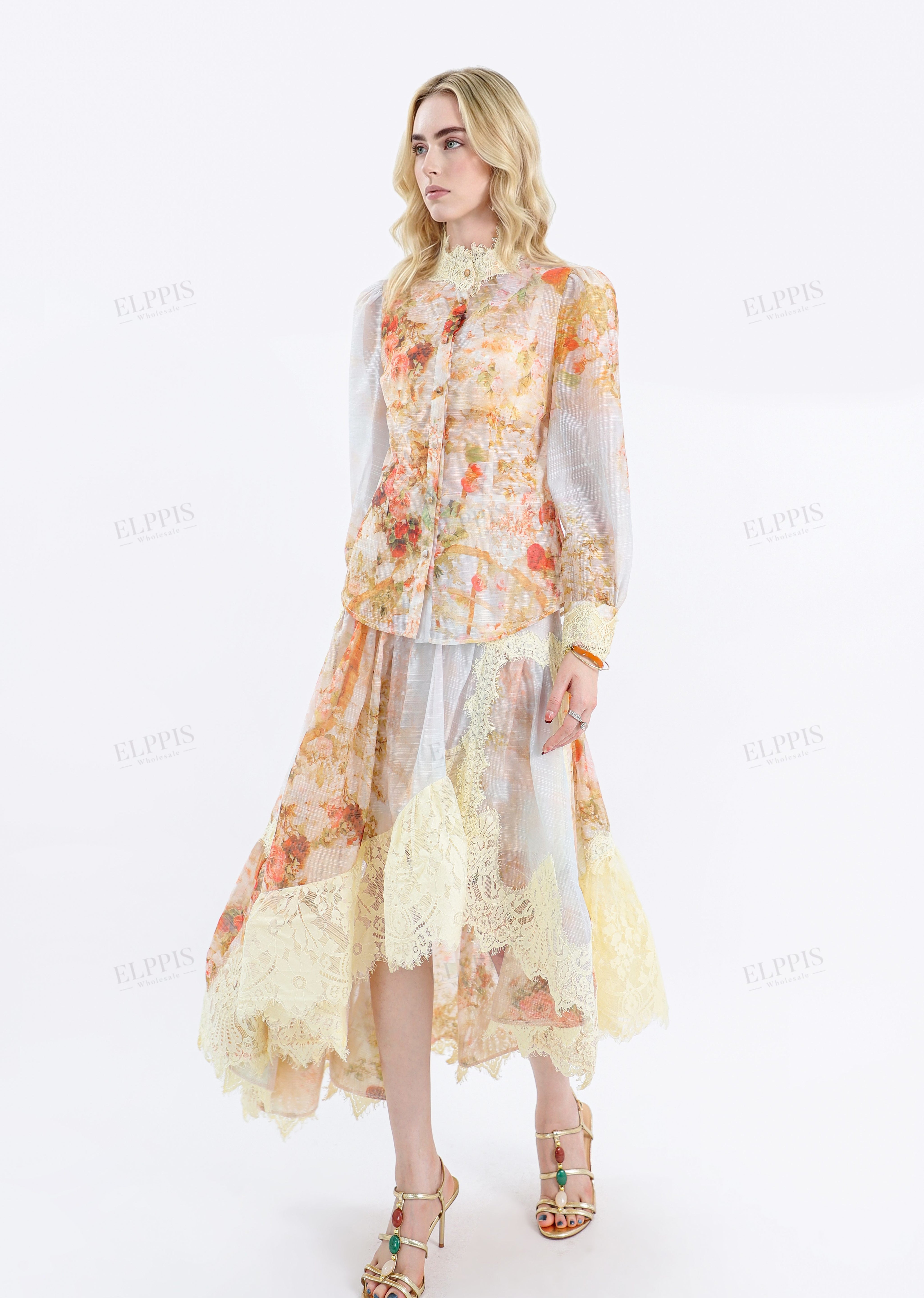 Floral Print Asymmetrical Midi Skirt with Lace Overlay