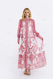 Red & White Patterned High-Neck Long-Sleeve Maxi Dress
