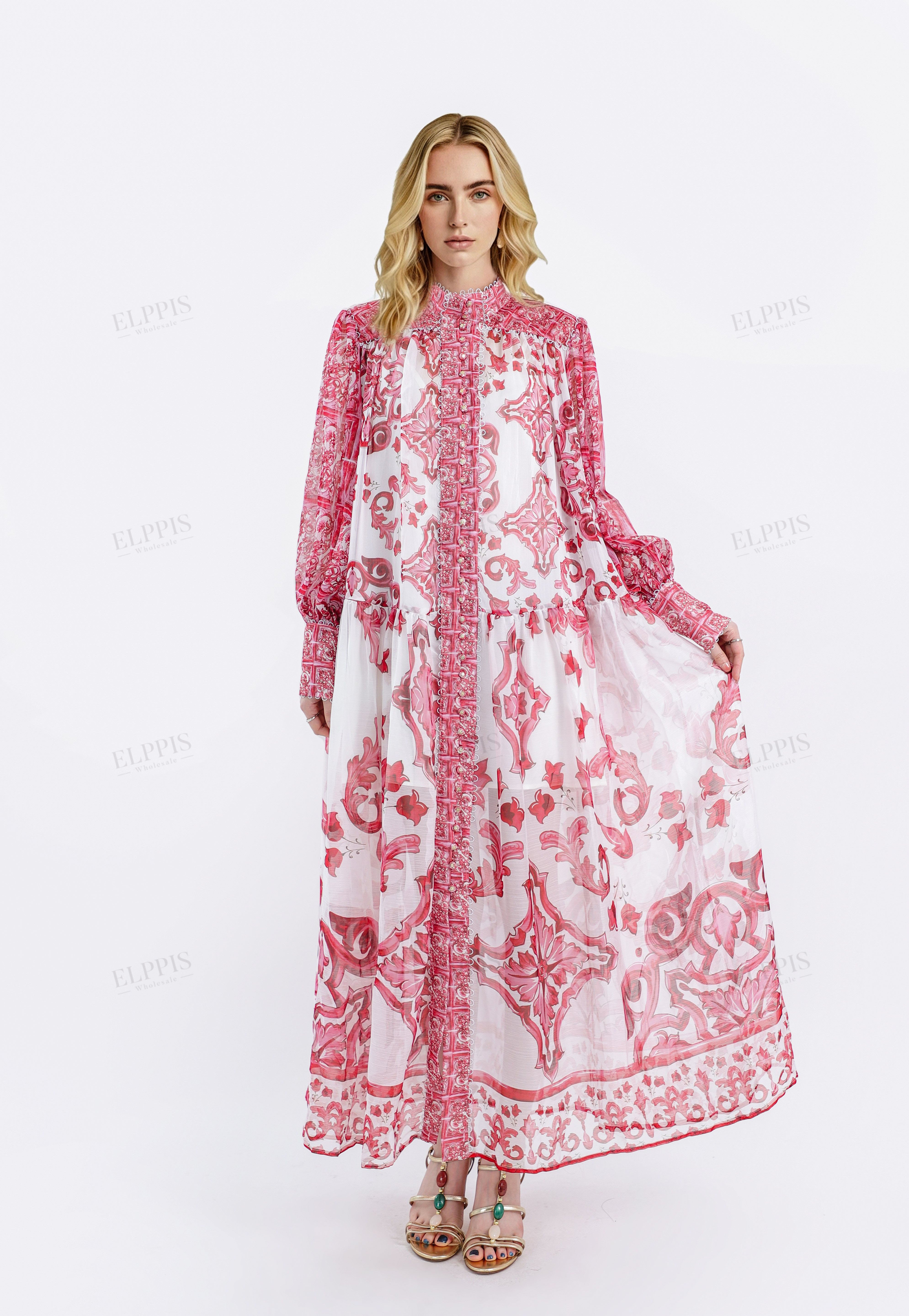 Red & White Patterned High-Neck Long-Sleeve Maxi Dress