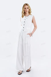 White Viscose-Linen Blend Striped Wide-Leg Pants