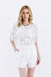 White Floral Lace Cropped Short-Sleeve Blouse