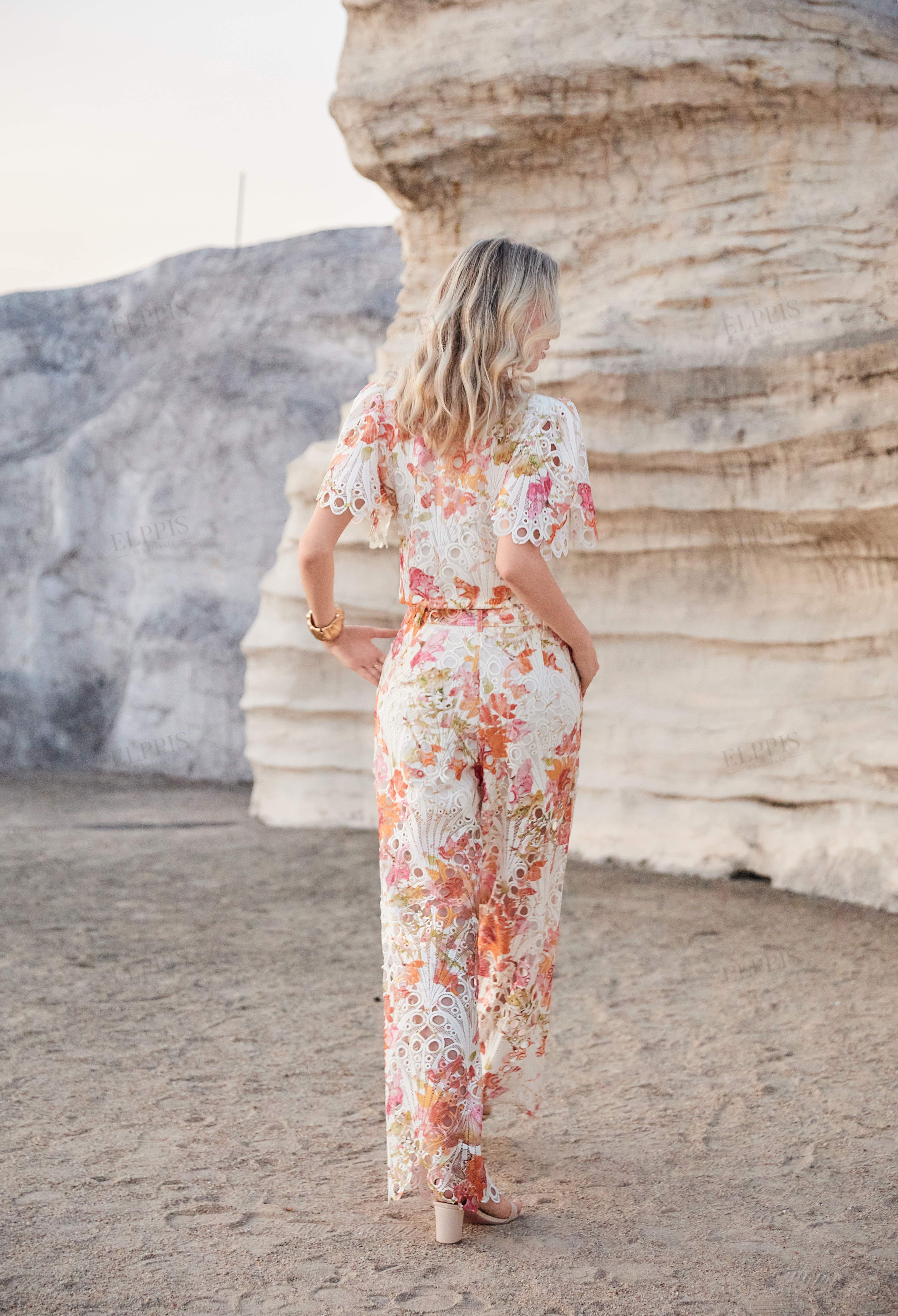 Floral Cutout Lace Wide-Leg Pants