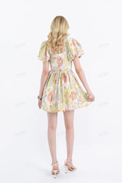 Paisley Print Rayon Puff-Sleeve Dress