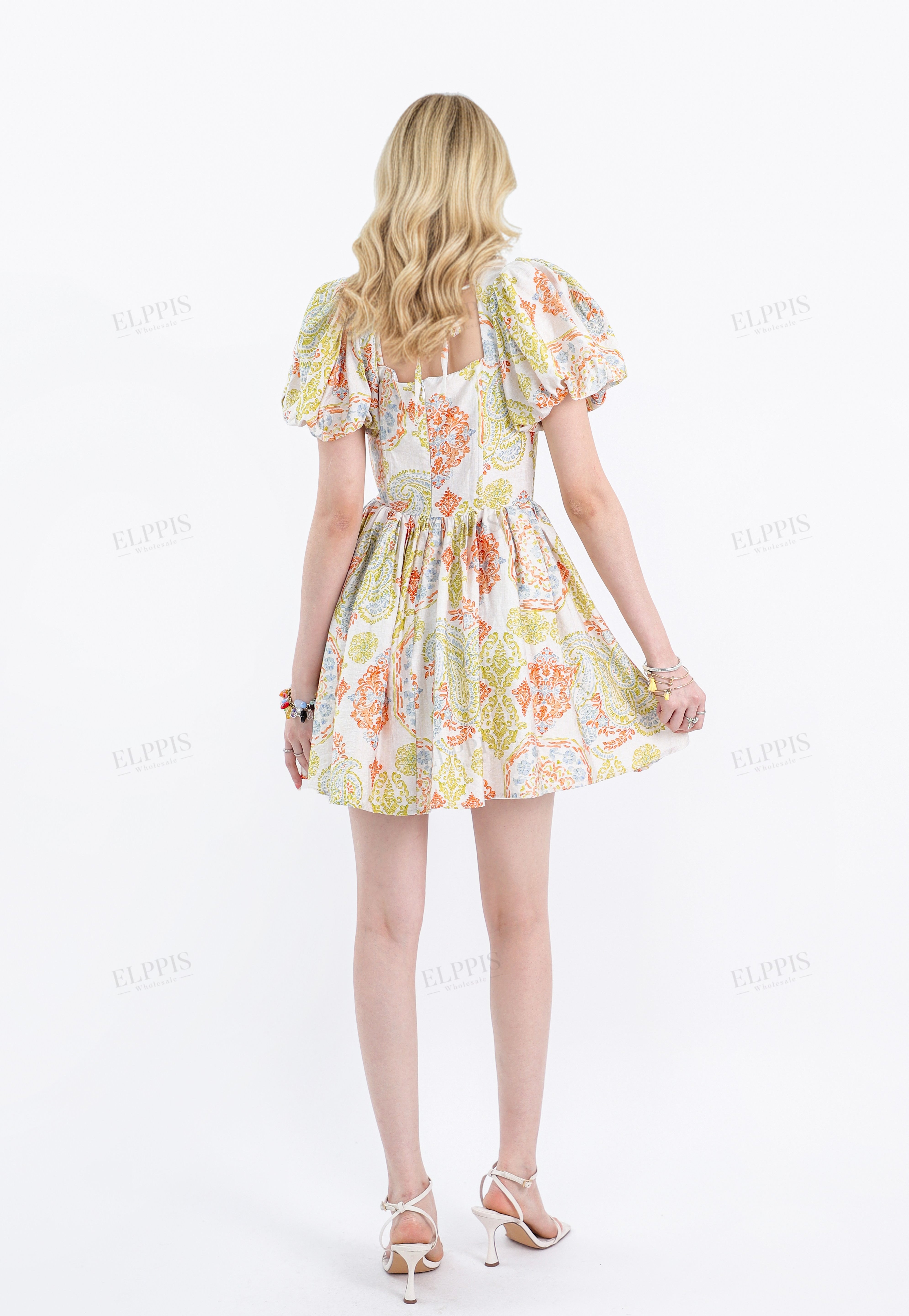 Paisley Print Rayon Puff-Sleeve Dress