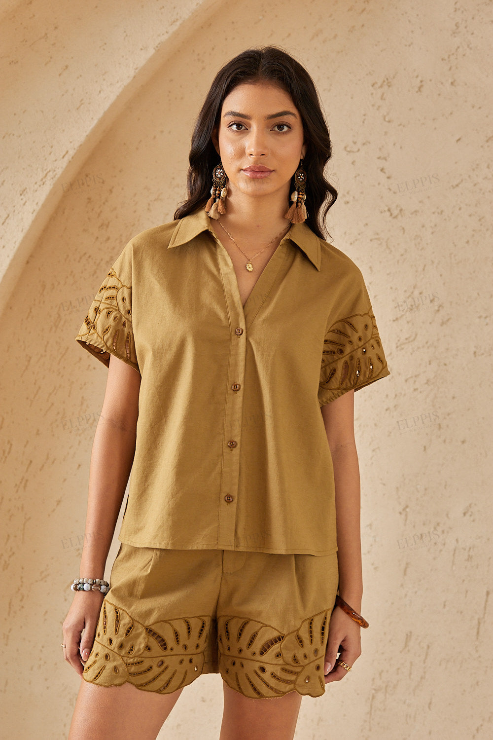 Olive Green Short-Sleeve Shirt with Leaf Cutwork Details