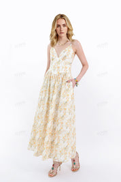 Cream & Yellow Floral Spaghetti Strap Midi Dress