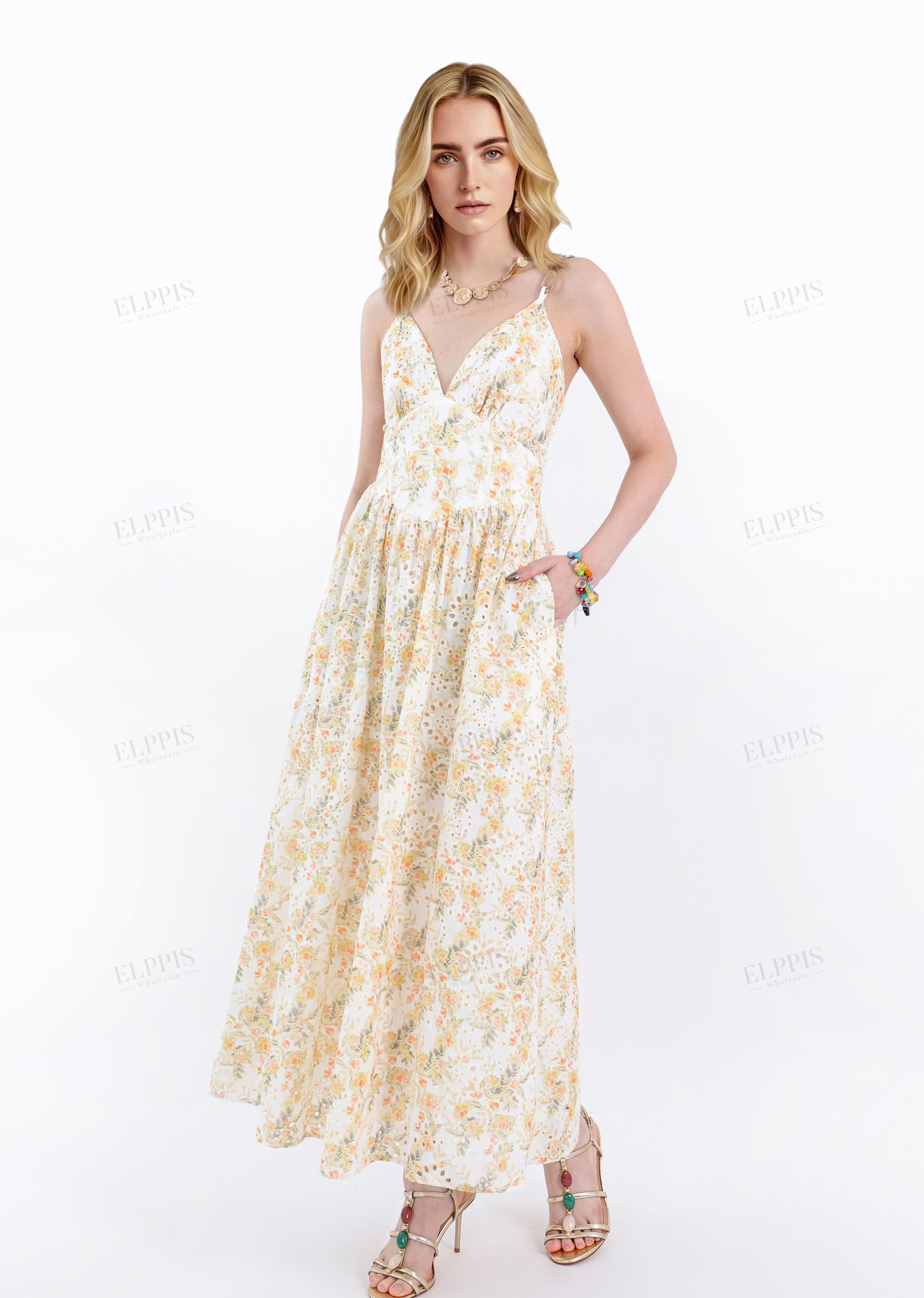Cream & Yellow Floral Spaghetti Strap Midi Dress