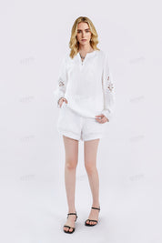 White Linen Long-Sleeve Embroidered Blouse