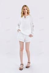White Linen Long-Sleeve Embroidered Blouse