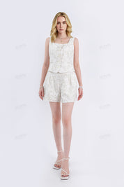 Beige Linen-Cotton Sequin Floral Sleeveless Vest