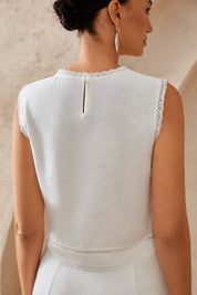 White Linen Sleeveless Top with Eyelet Lace Detailing