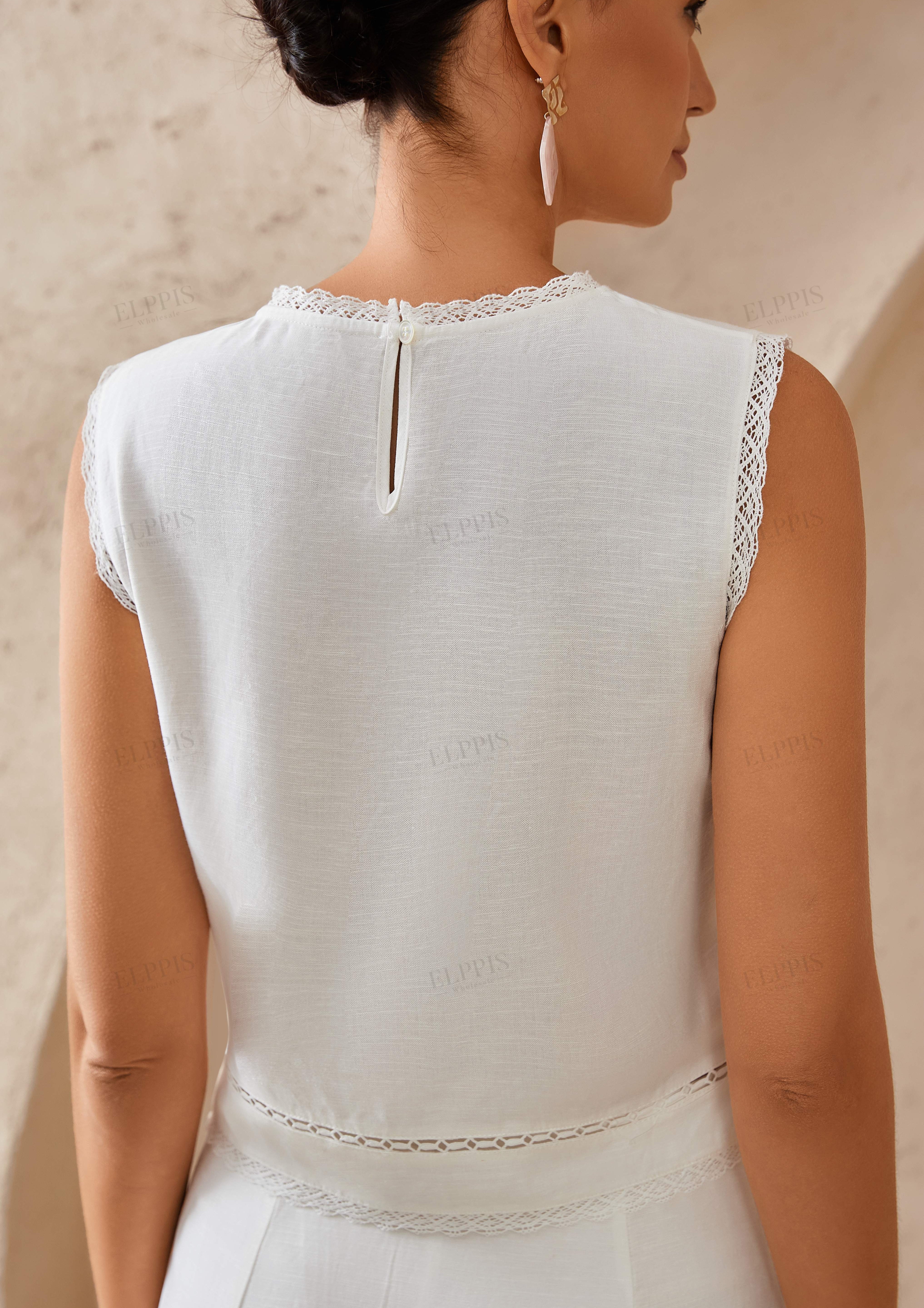 White Linen Sleeveless Top with Eyelet Lace Detailing