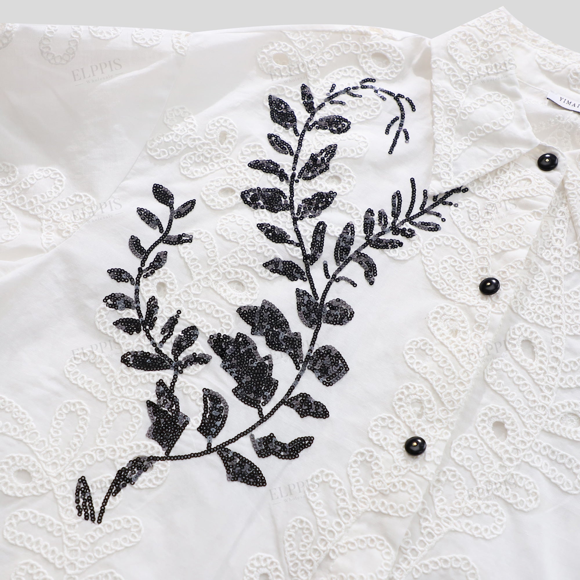 Cut-out cotton embroidered H-line long sleeve shirt