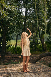 Beige Textured Pleated Mini Skirt with Embellished Waistband