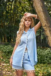 Light Blue Linen-Blend Shorts with Crochet Pom-Pom Trim