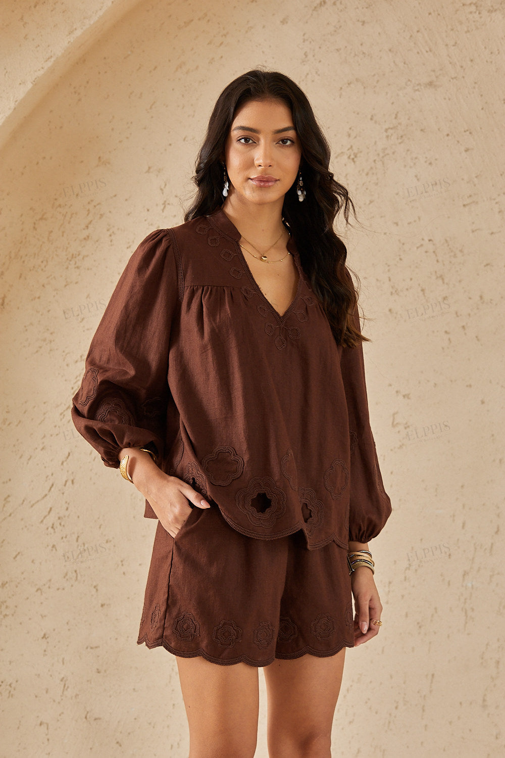Cocoa Brown Long-Sleeve Blouse with Cutwork Embroidery