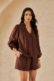 Cocoa Brown Long-Sleeve Blouse with Cutwork Embroidery