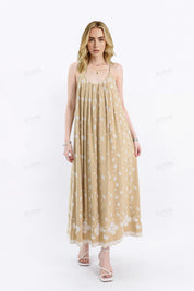 Beige Spaghetti Strap Maxi Dress with Cutwork Embroidery