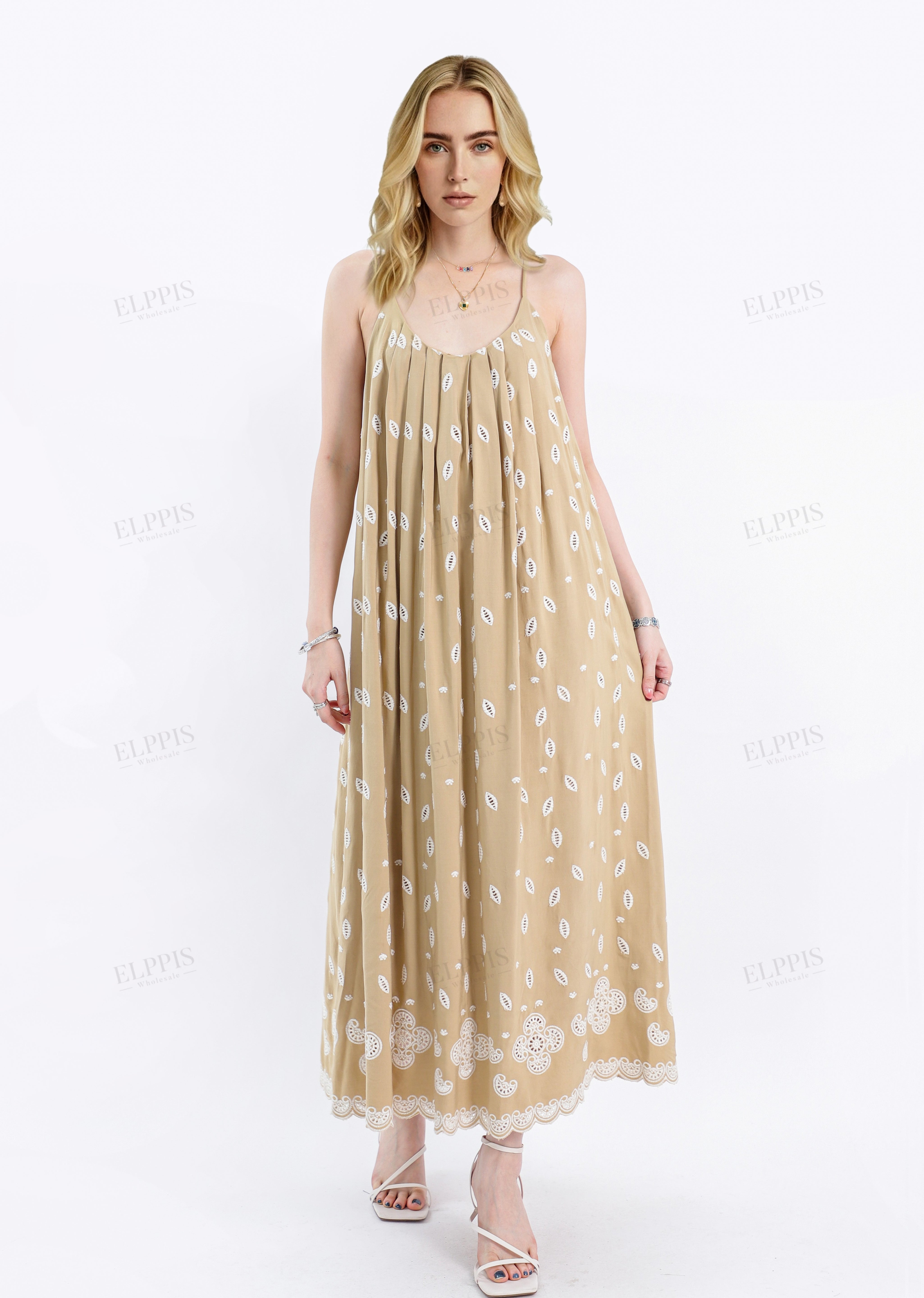 Beige Spaghetti Strap Maxi Dress with Cutwork Embroidery