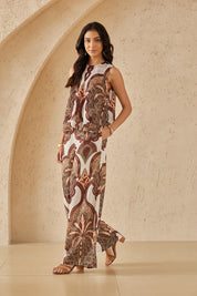Ivory & Multi-Tone Ornate Pattern Wide-Leg Pants