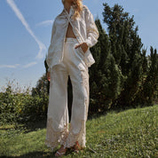 Embroidered all-linen flared pants