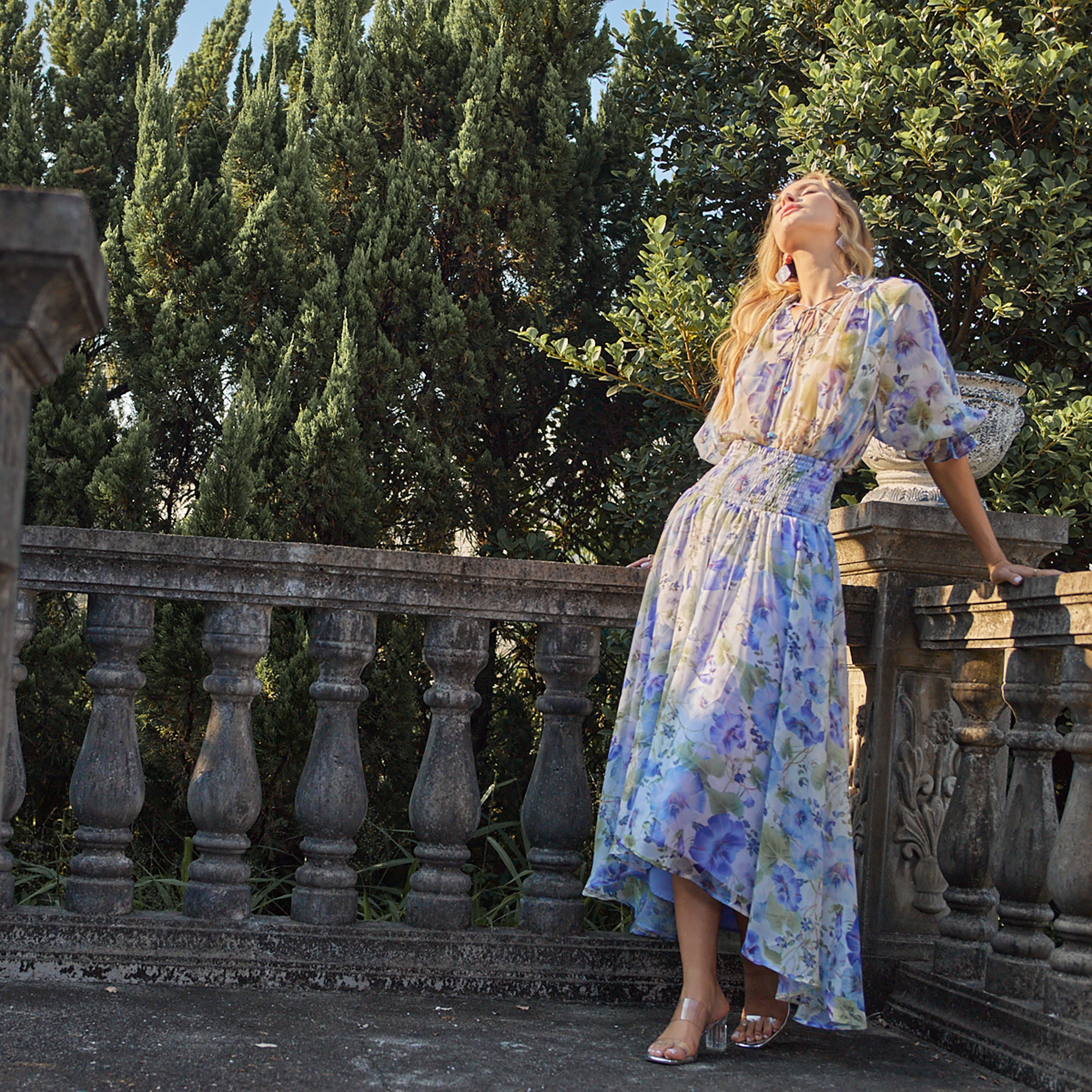 Chiffon base floral printed gathered A-line midi skirt