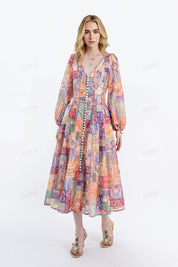 Colorful Patchwork Long-Sleeve Midi Dress with Pearl Button Trim