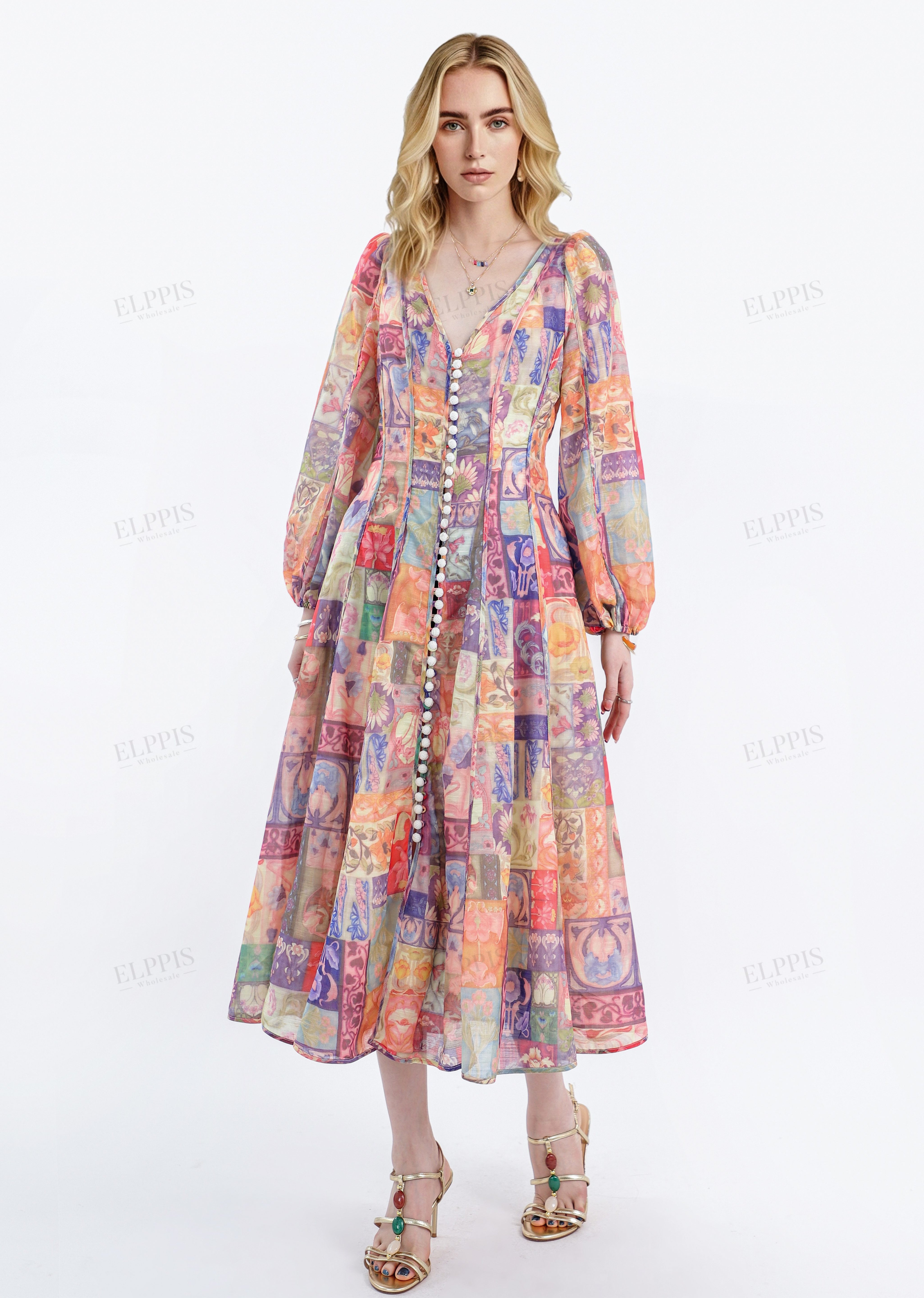 Colorful Patchwork Long-Sleeve Midi Dress with Pearl Button Trim