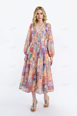 Colorful Patchwork Long-Sleeve Midi Dress with Pearl Button Trim